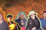 An image of a red dirt landscape, in front of it are five young people each with a different coloured outline around them.