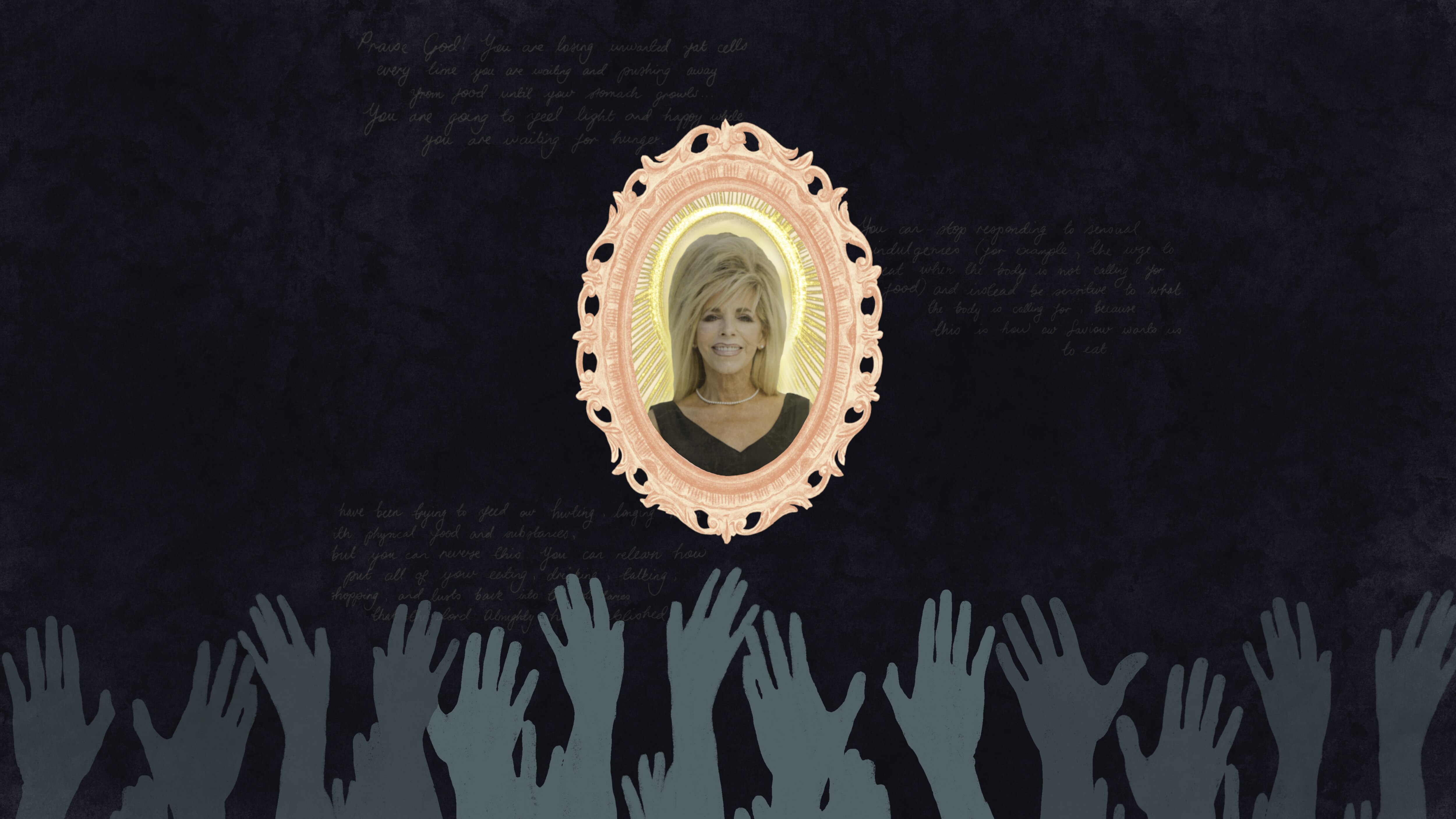 An illustration of Gwen Shamblin in an ornate frame, with hands praising her.