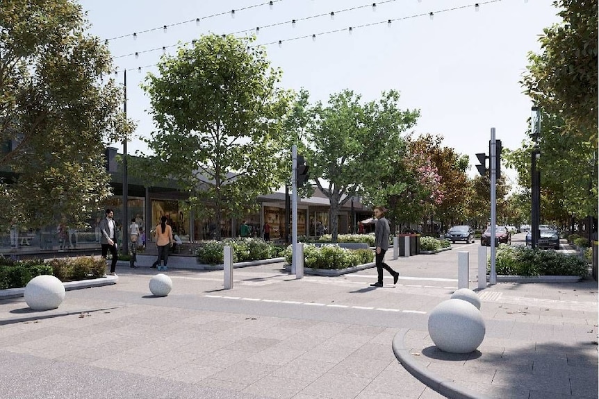 an artist impression of a street with shops along the sides