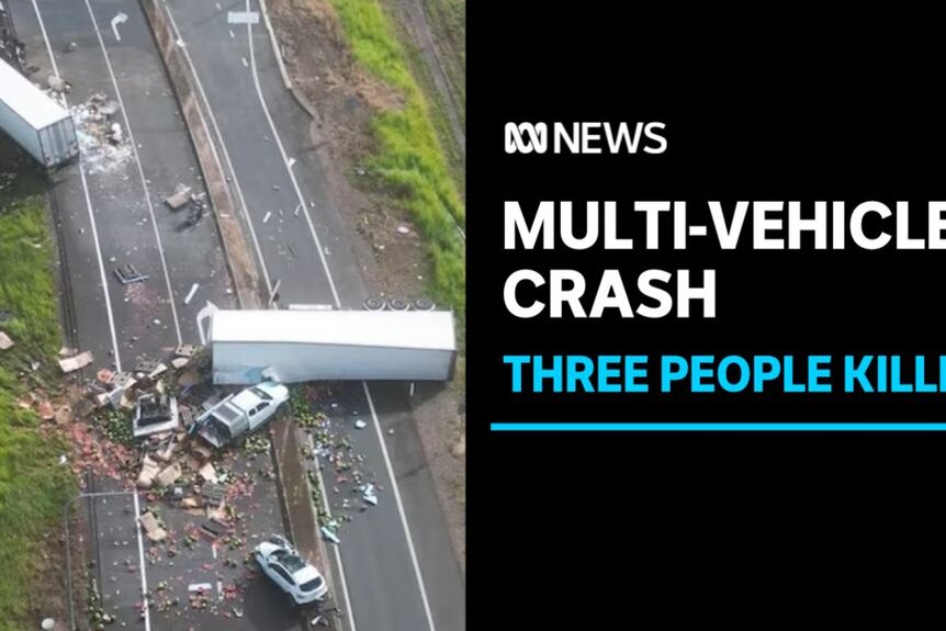 Mulit-Vehicle Crash, Three People Killed: Collision of cars and semitrailers with contents of trucks spread across road.