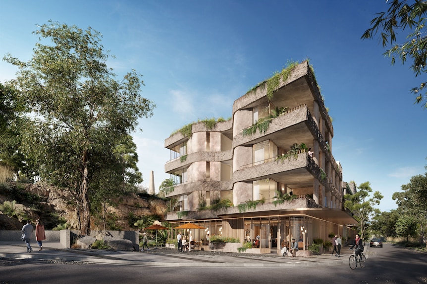 An artist's impression of a four-storey building with greenery hanging from the balconies