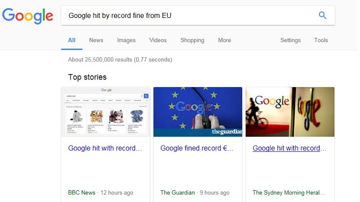 An image of the Google search page related to its record fine