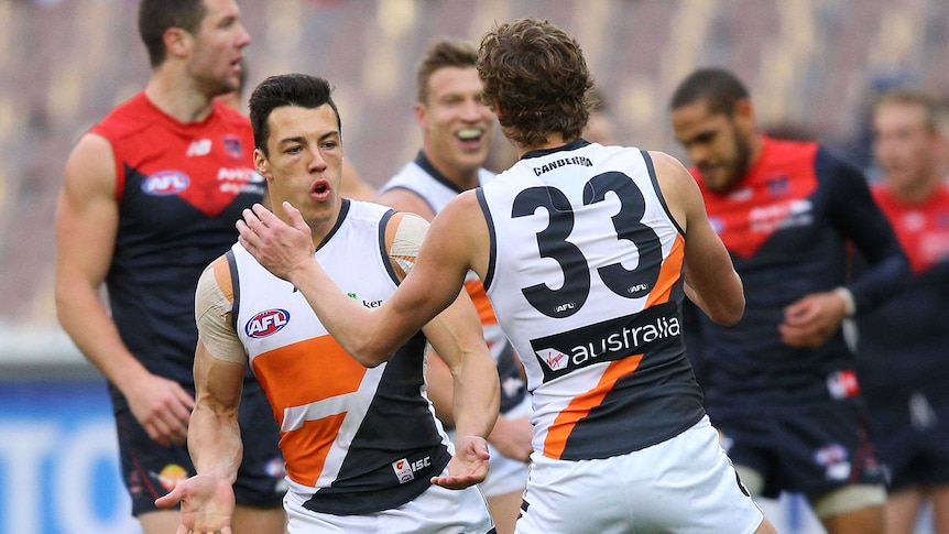 Dylan Shiel celebrates a goal for GWS