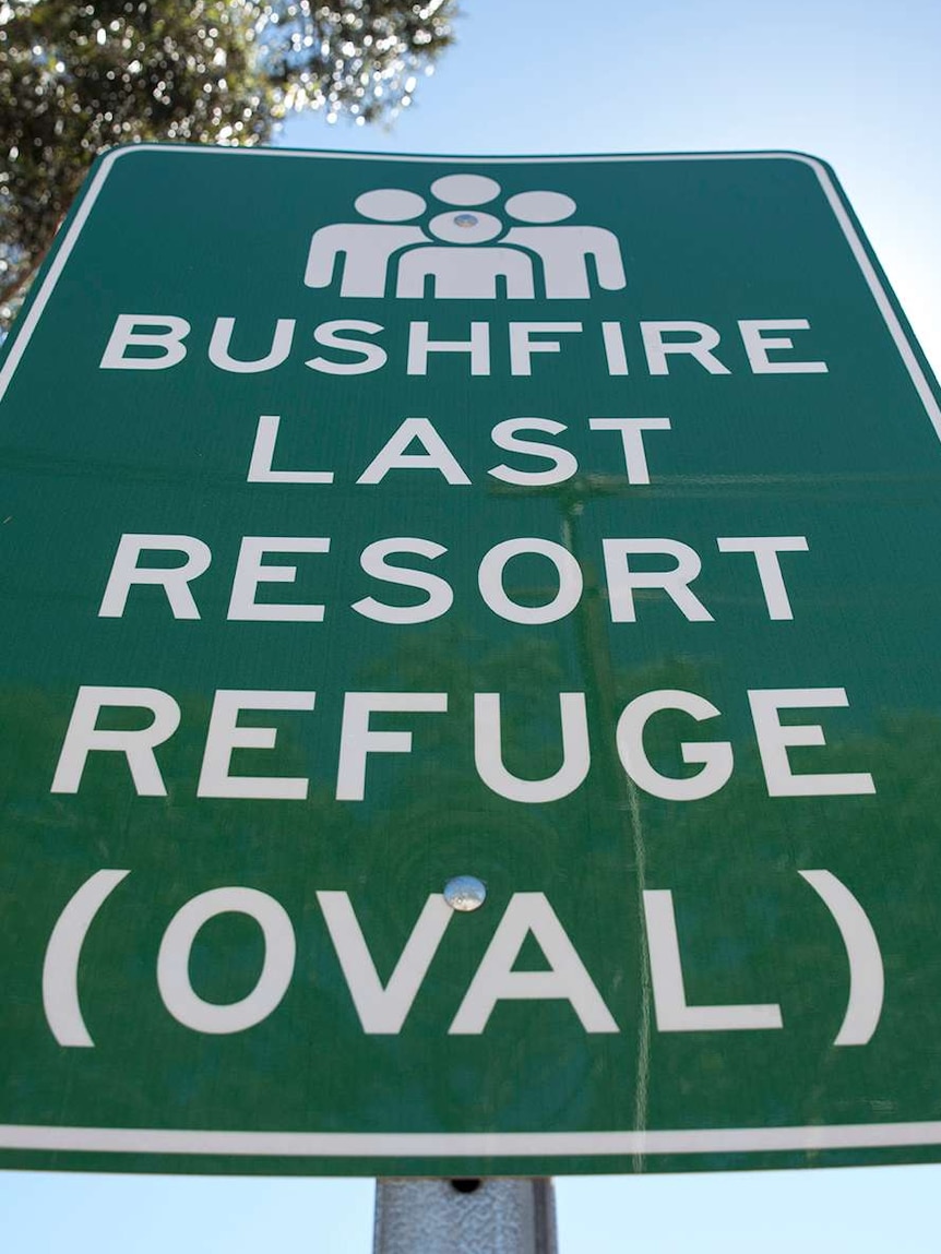 A sign indicating a last resort refuge on a public oval in the event of a bushfire.