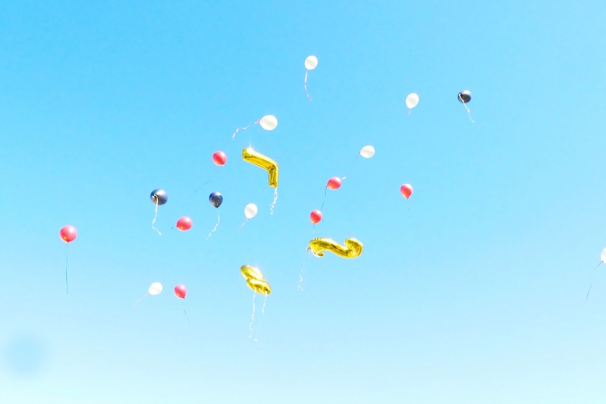 Coloured balloons floating in the sky.