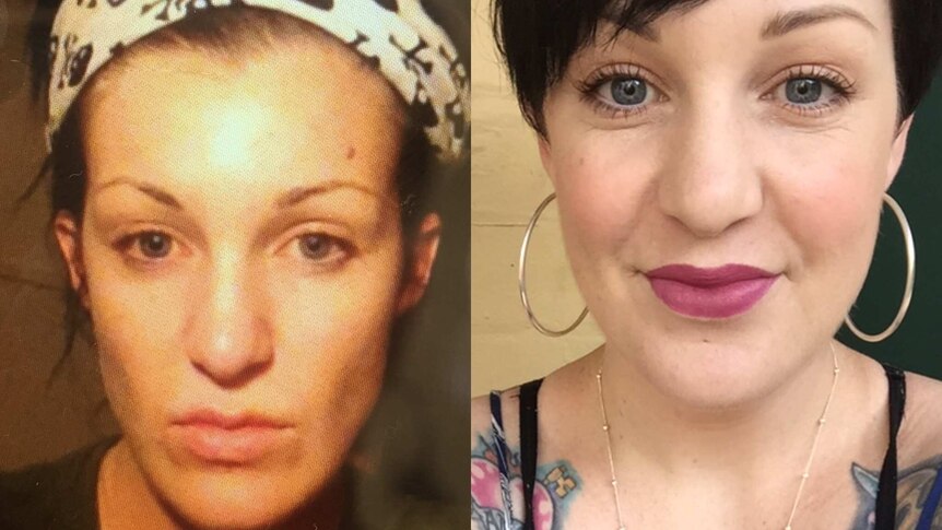 Two pictures of a woman side by side. On left she looks ill from addiction and on right healthy.