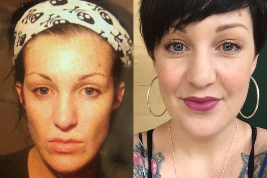 Two pictures of a woman side by side. On left she looks ill from addiction and on right healthy.