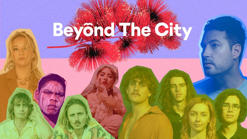 A collage of the 2021 Beyond The City line-up: Mallrat, Lime Cordiale, JK-47, Jaguar Jonze, Spacey Jane, Hayden James