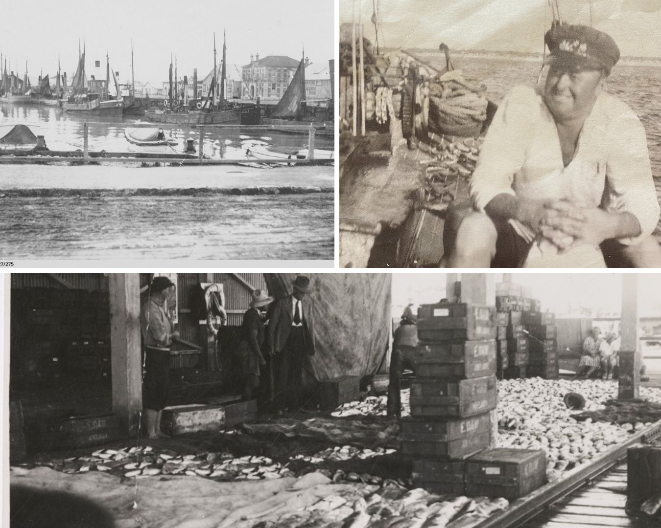 A collage of three old black and white photos of people in a fishery