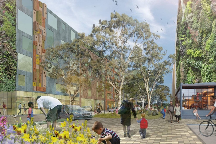 A digital render of a city street but with the buildings covered in greenery and flowers bursting out of most surfaces.