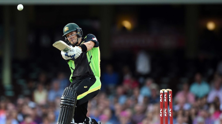 Australia's Shane Watson hits a six off India's Ashish Nehra in third T20 international at SCG.