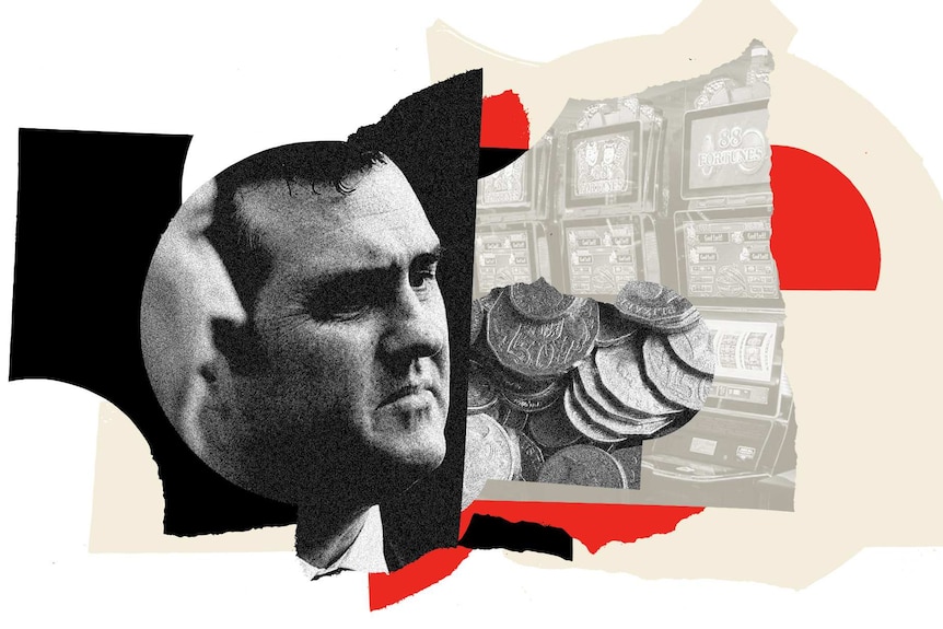 An artwork using a black and white photo of Anthony Ball on the left with images of coins and poker machines on the right.