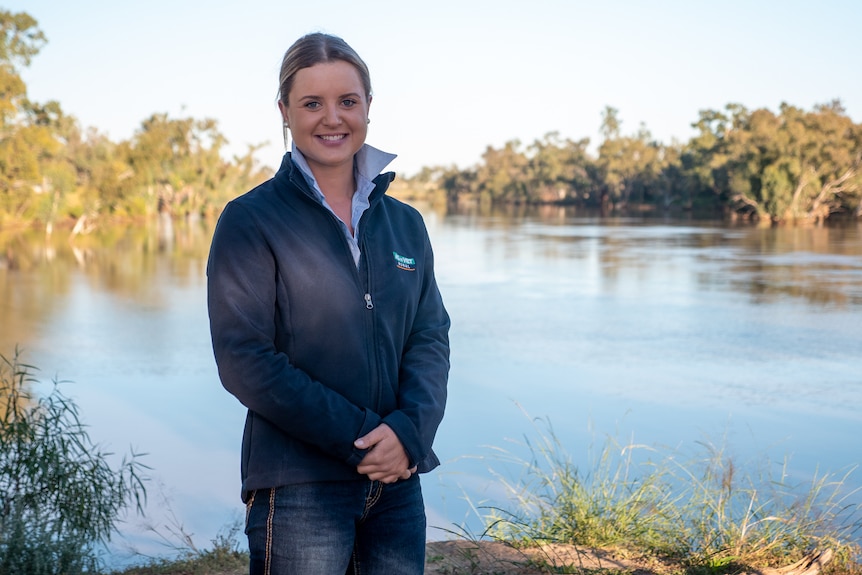 Walgett-based agronomist Lucy Powell on the banks of the Barwon River at Brewarrina, April 2021.