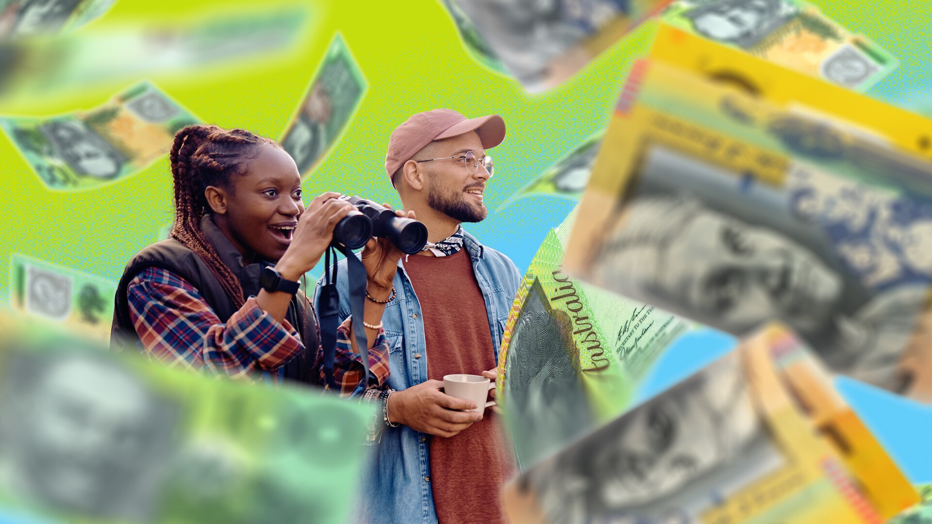 Woman and man stand, looking to the right, surrounded by $50 and $100 Australian bank notes. The woman holds binoculars.