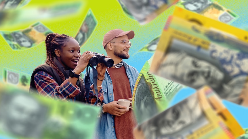 Woman and man stand, looking to the right, surrounded by $50 and $100 Australian bank notes. The woman holds binoculars.