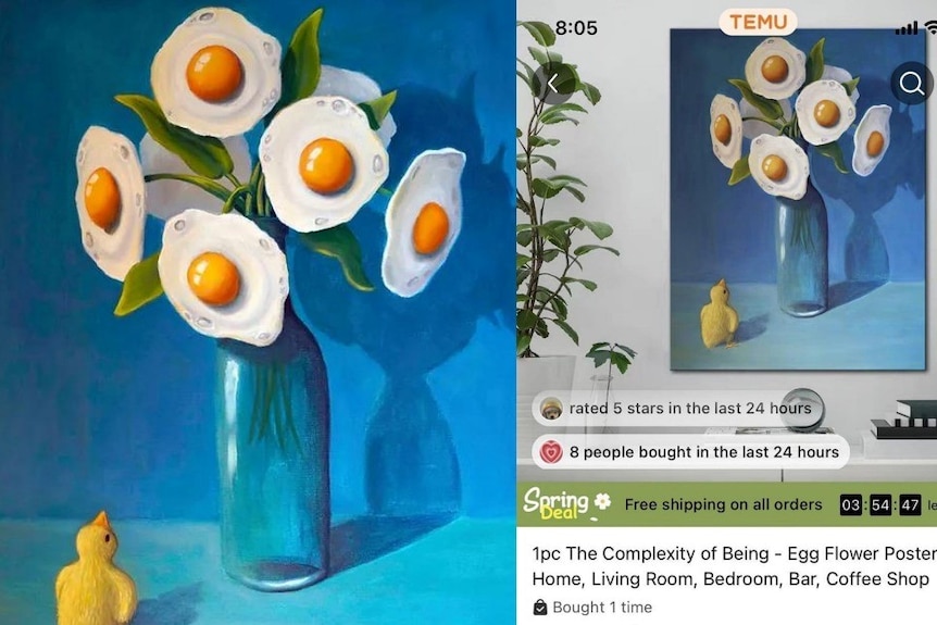 A painting of some flowers that are shaped like fried eggs, next to a screenshot featuring the same design. 