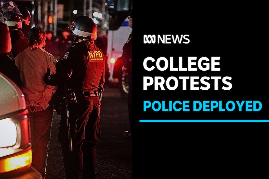 College Protests, Police Deployed: A young woman is handcuffed, held by each arm by two riot police. 