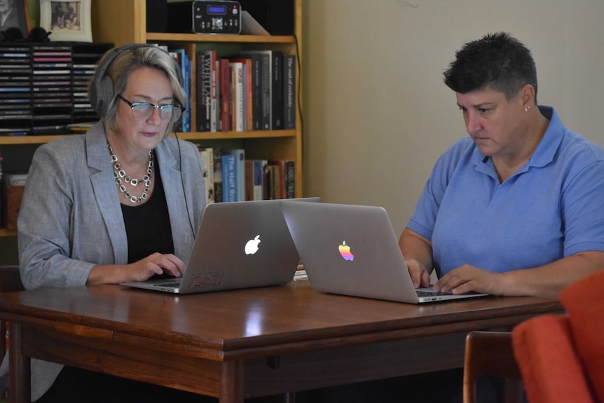 Angela Steinman (left) and Jaima Holland (right) teach students in Beijing from Brisbane.