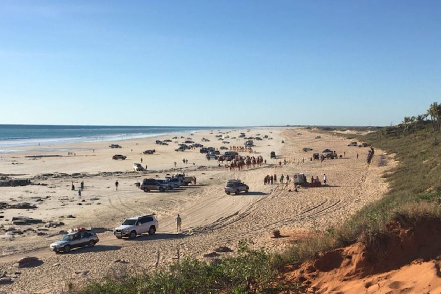 A wide shot of a number of four wheel drive vehicles parked along the sand at Cable Beach.