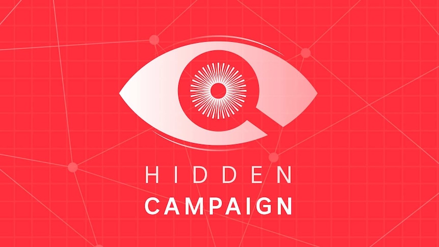 A magnifying glass over an eye, with the words "hidden campaign" underneath.