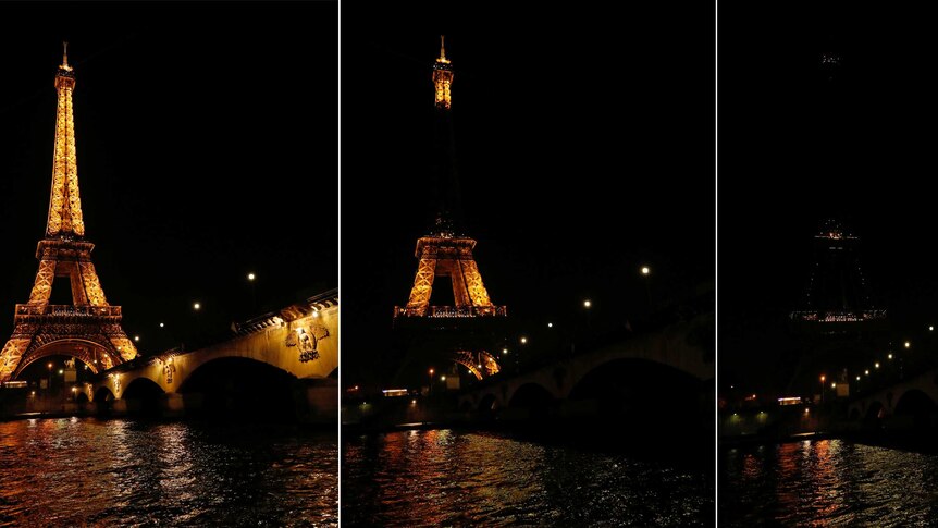 Eiffel Tower before, during and after Earth Hour in Paris.