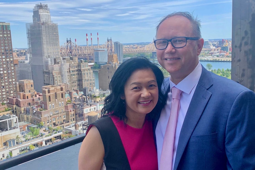 Geraldine Przybylko and her husband Daniel with New York City in background.