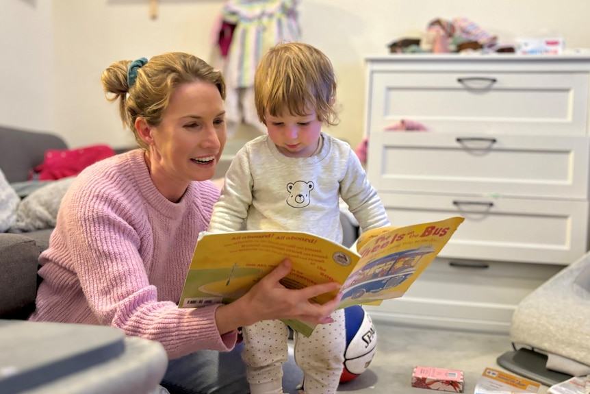 A woman in a pink jumper reads to a small child. 