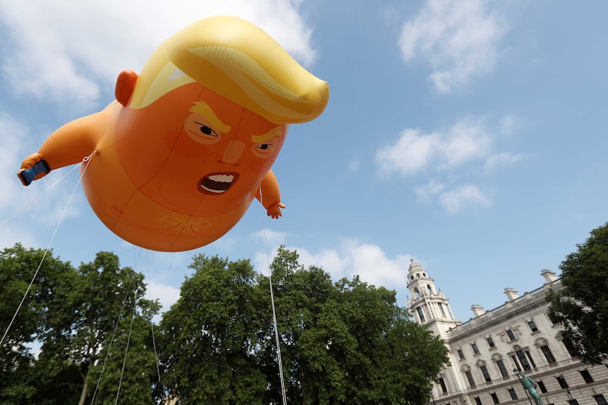 Trump Baby seen floating in sky near trees in parliament square london