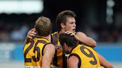 Tim Clarke, Luke Hodge and Shane Crawford celebrate a goal