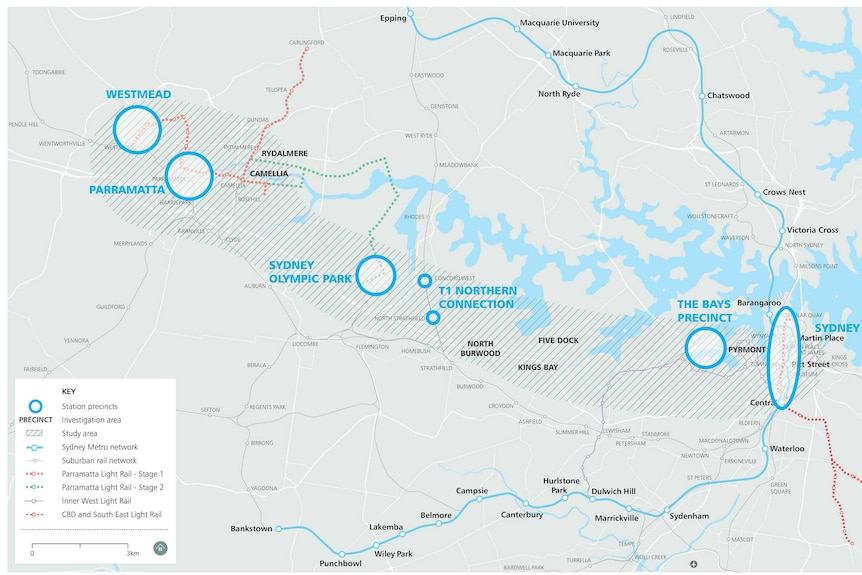 A map of the proposed Sydney Metro West line.
