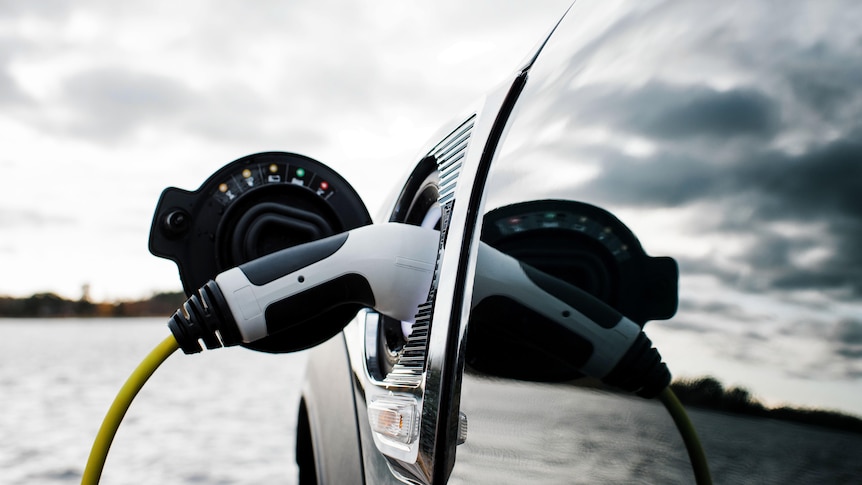 Electric charging socket and lead against grey sky