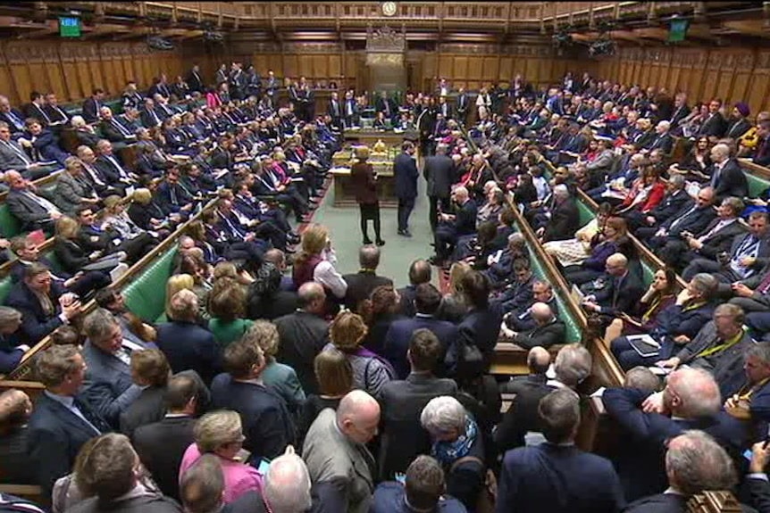 MPs stand and site inside the UK House of Commons