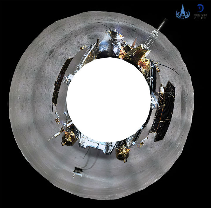 The 360-degree shot shows the grey moonscape, the lander and the rover.