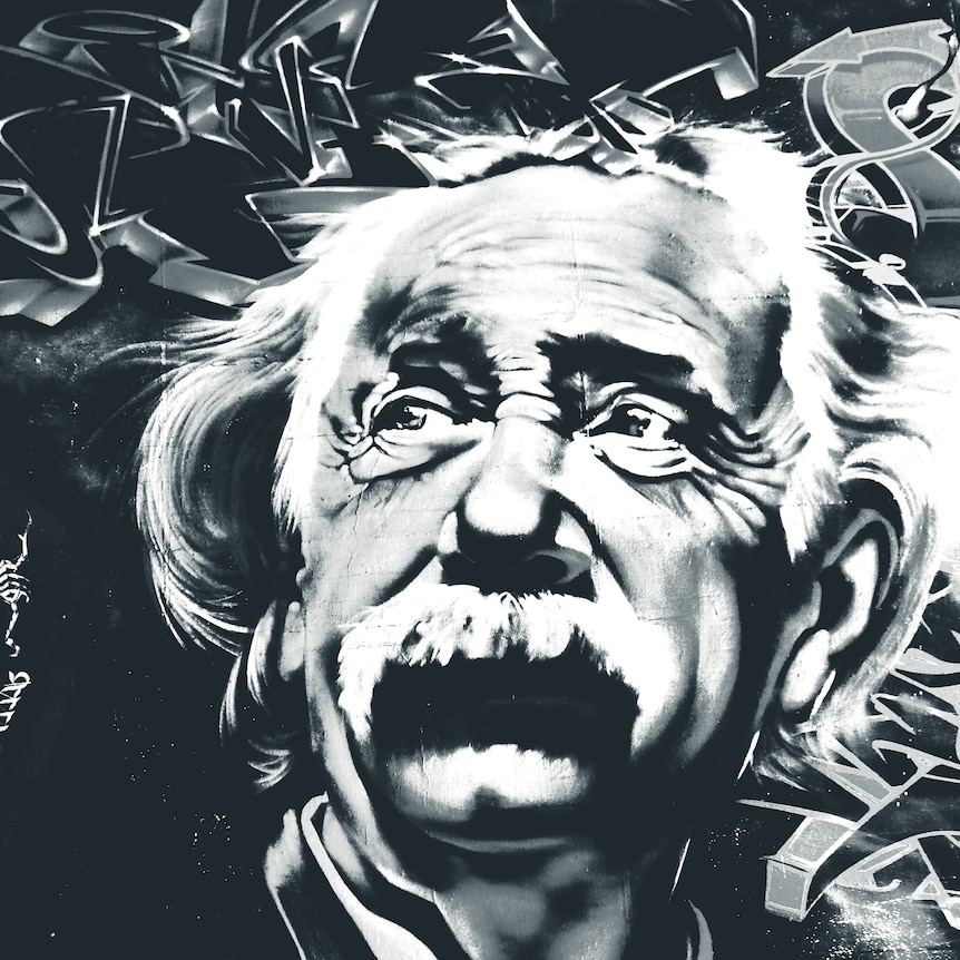 Graffiti style composition of Albert Einstein in black and white
