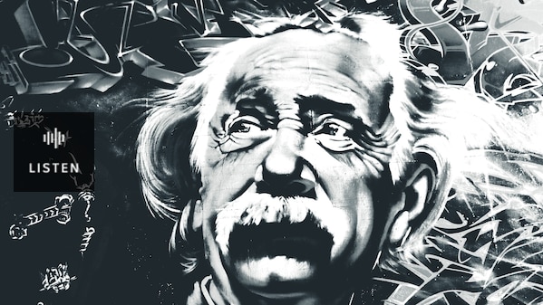 Graffiti style composition of Albert Einstein in black and white. Has Audio.