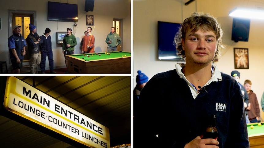 Composite image showing men playing pool in a pub, a young man in an rm williams shirt, and a pub sign.