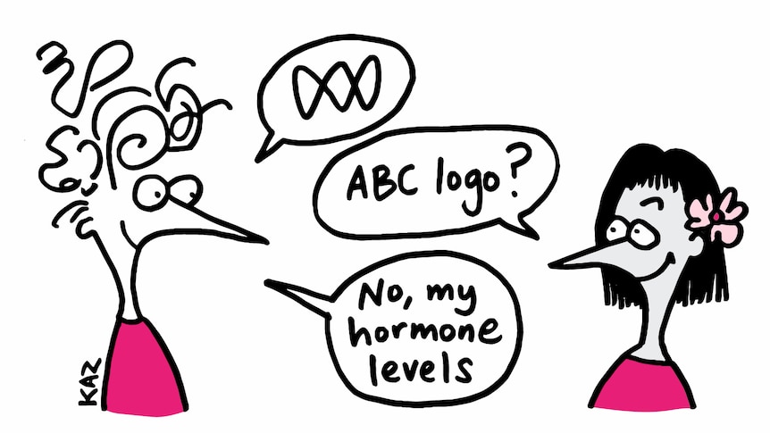 A cartoon where two women are talking. Dialogue: W1 says lissajous, W2 says ABC Logo? W1 says No, My hormone levels