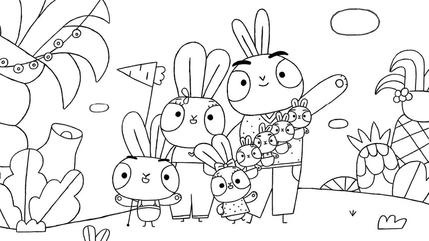 The Bunny Family, in the jungle, waving