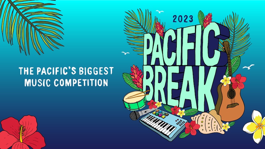 A cartoon image of the word Paciifc Break surrounded by musical instruments and tropical foilage