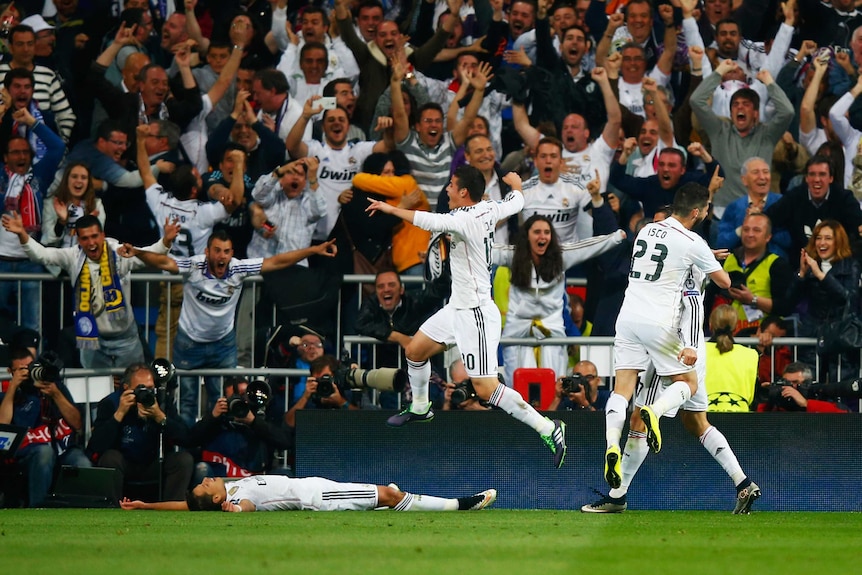 Real Madrid celebrate Javier Hernandez's goal