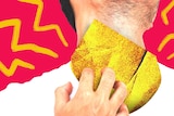 Illustration of man scratching at sandpaper on his neck in a story about how to treat dry, flaky skin from eczema or dermatitis.