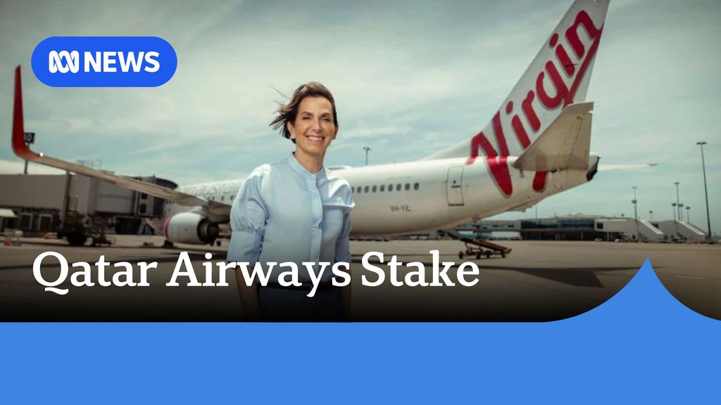 Qatar Airways Stake: A woman in a blue shirt poses in front of a Virgin Airways plane on a tarmac.