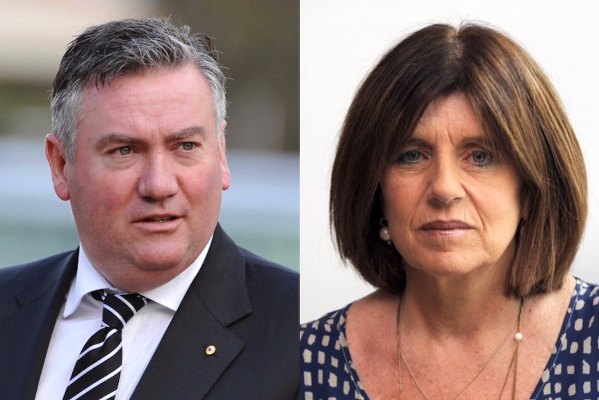 A composite image of Eddie McGuire and journalist Caroline Wilson