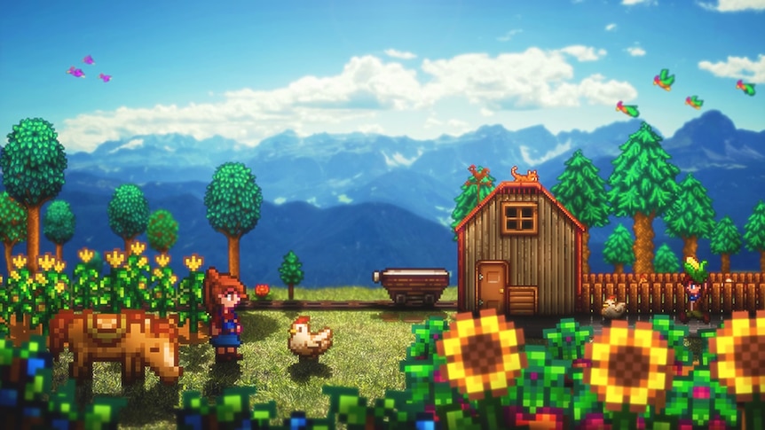 Screenshot from Stardew Valley in a pixellated style, depicting a woman in a farm, chilling out with her horse and her chicken.