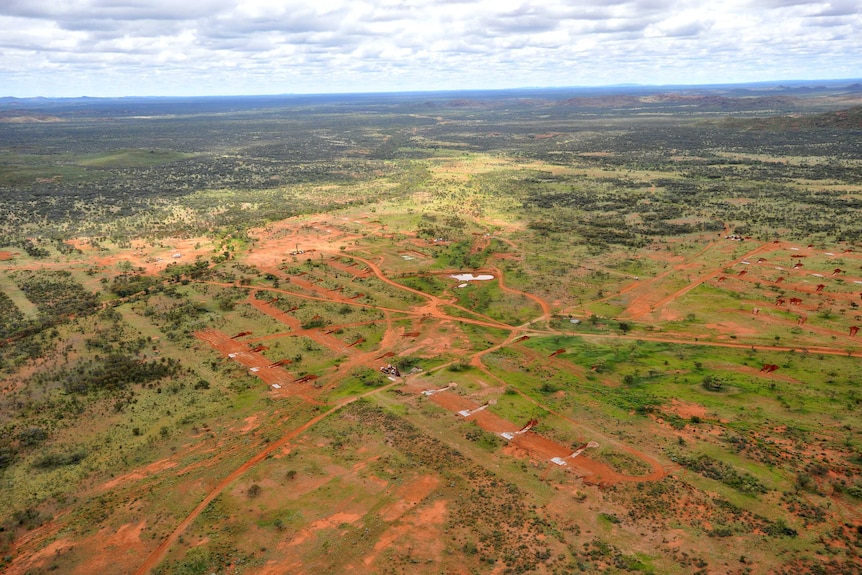 An aerial shot of the proposed mine site showing multiple bores.