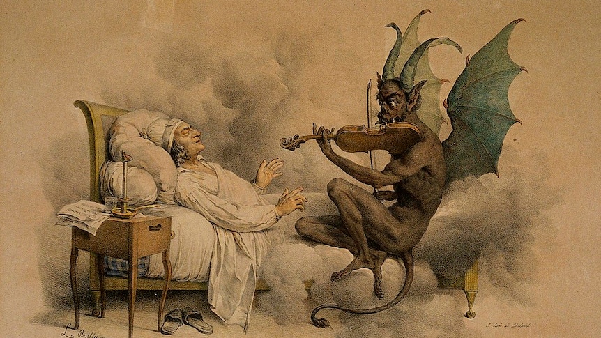 An illustration depicting the composer Tartini dreaming in bed, with a violin-playing devil sitting on the bed.