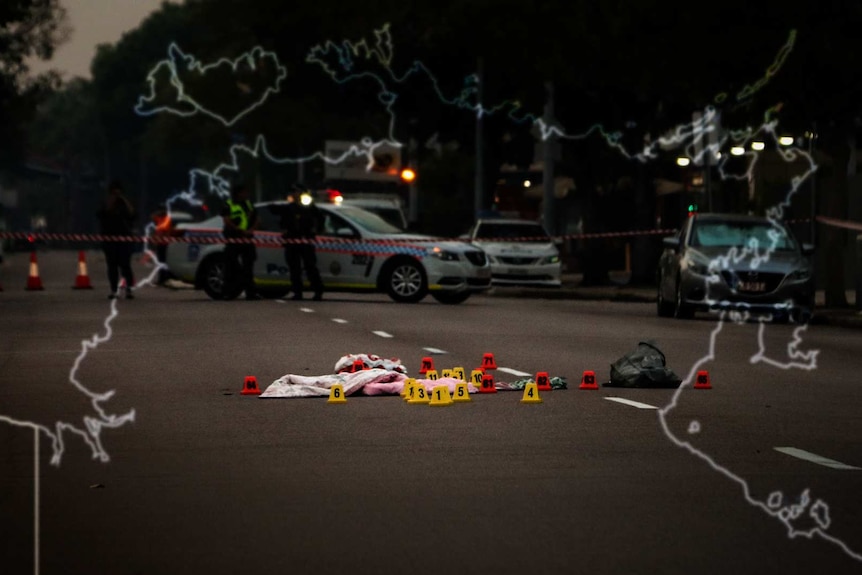 A crash with numbers on the road where someone died and a car crashed next to it.