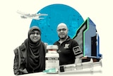 A black and white photo collage of a woman in a hijab and a man who smile behind a vaccine vial and and front of a blue circle. 