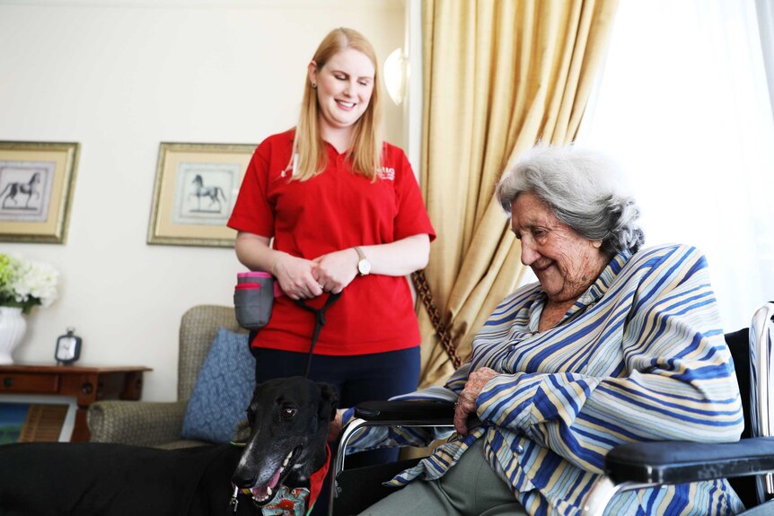 Delta Society volunteer Alana Wade with her greyhound Tiffany, standing with a Jindalee resident.