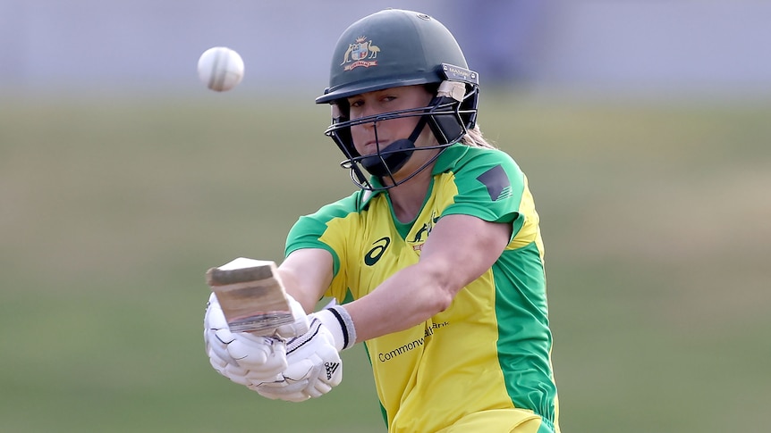 An Australian batter plays a shot to the leg side in the women's ODI against New Zealand.